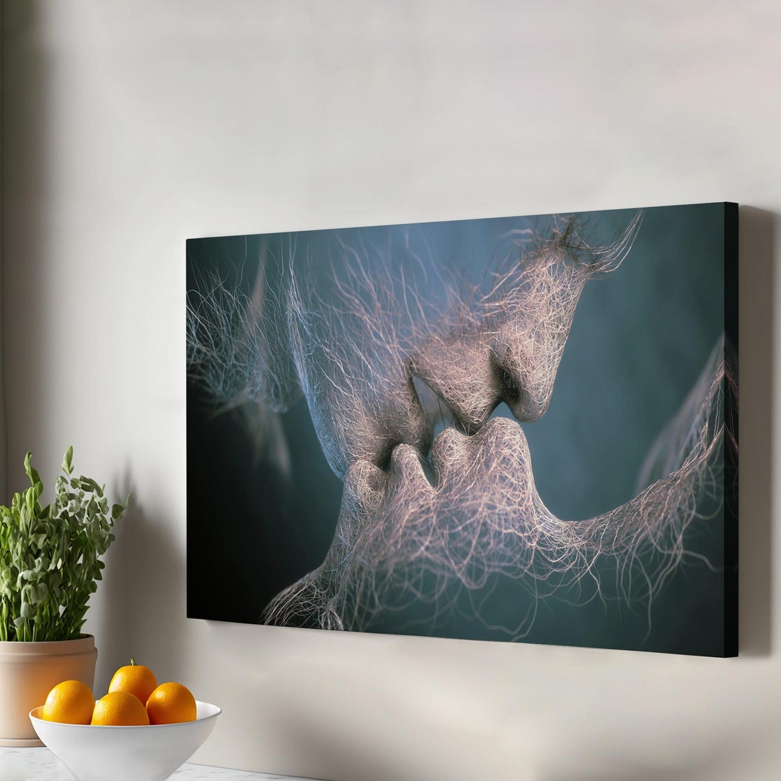 Male Female Faces Kissing Thread Art Romantic Abstract Poster