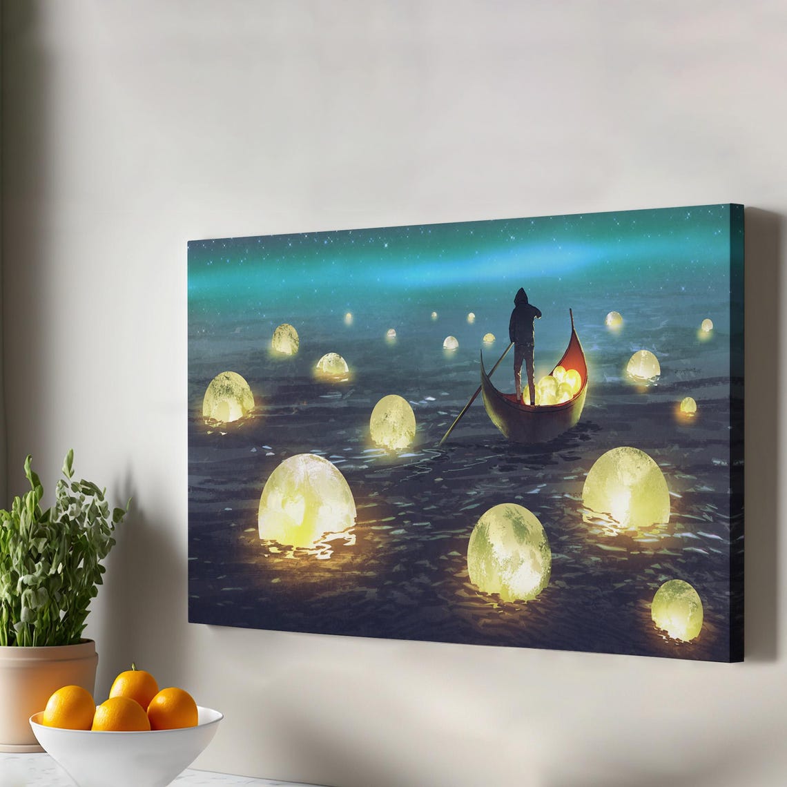 The Man Who Collects Fallen Moons Surreal Night Sea Painting Wall Art
