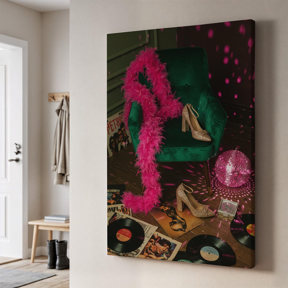 Retro Disco Glam Canvas Pink Feather Boa Vinyl Records Party Wall Art