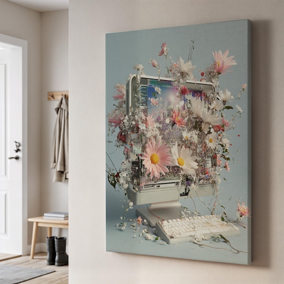 Vintage Computer Exploding Flowers Glitch Floral Quirky Art Poster