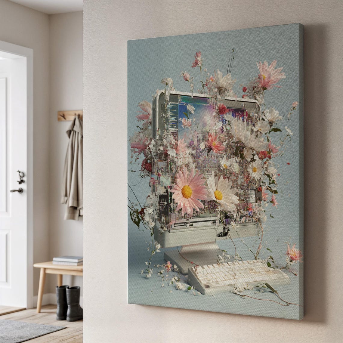 Vintage Computer Exploding Flowers Glitch Floral Quirky Art Poster