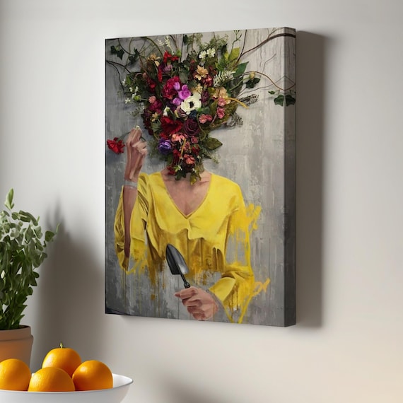 Surreal Woman Floral Head Yellow Dress Modern Botanical Art Poster