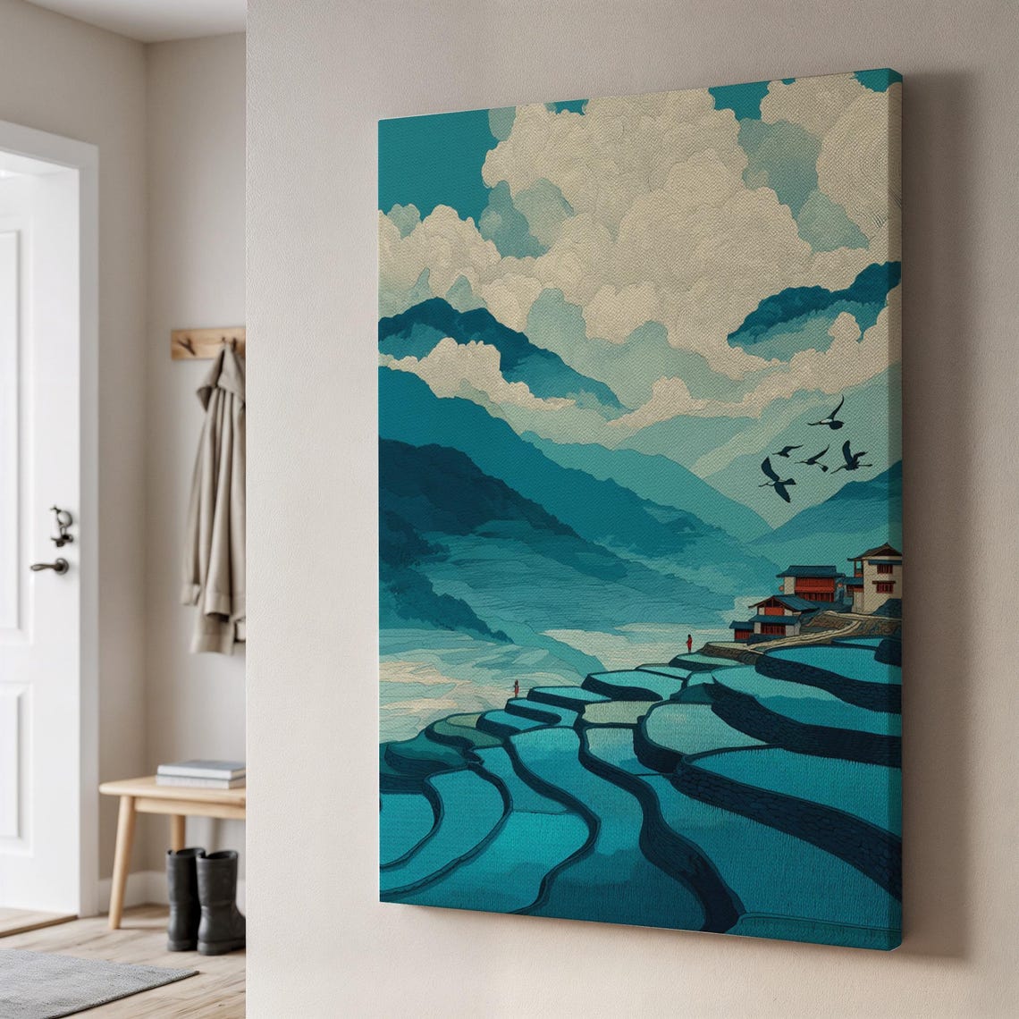 Blue Rice Terraces with Mountain Village Birds Serene Landscape Poster