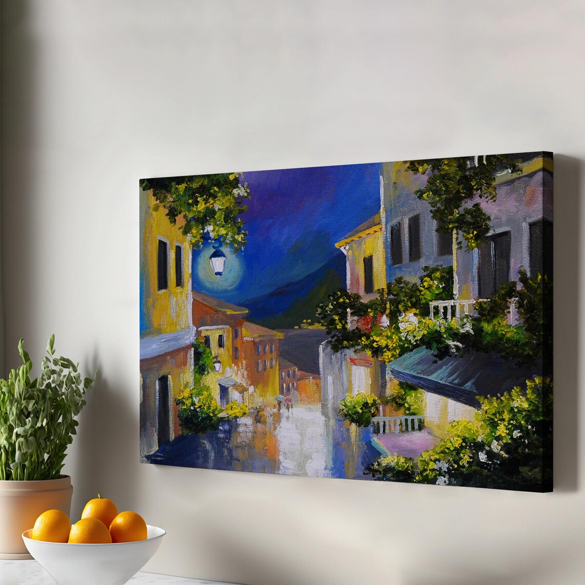 Evening Mediterranean Street Lamp Sea View Night Oil Painting Poster