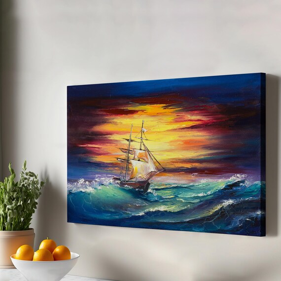 Tall Sailing Ship Stormy Sunset Waves Dramatic Ocean Oil Painting Poster