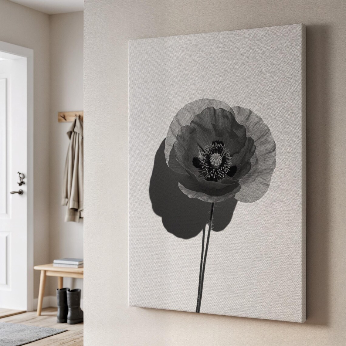 Minimal Black And White Flower Canvas Art Shadow Botanical Print On Beige Modern Calm Wall Decor Elegant Gift For Stylish Home Spaces