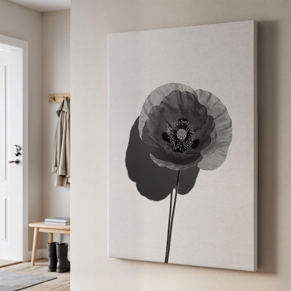 Minimal Black And White Flower Canvas Art Shadow Botanical Print On Beige Modern Calm Wall Decor Elegant Gift For Stylish Home Spaces