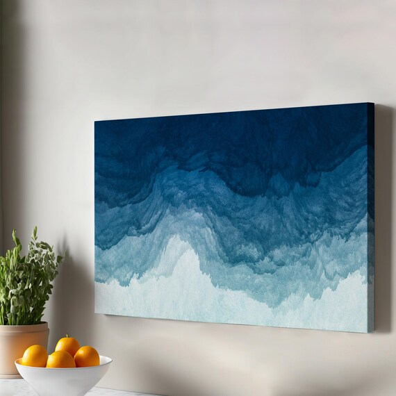 Abstract Ocean Waves In Deep Blue Gradient Modern Canvas Print