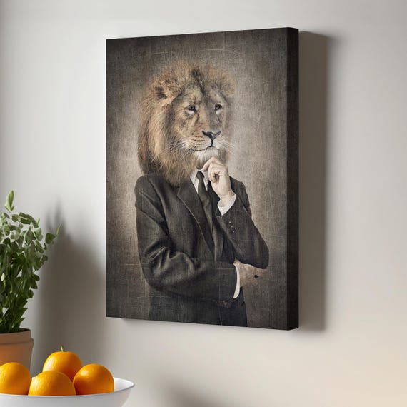 Human With Lion Canvas Art Framed Wall Housewarming Gifts Animal Decor Modern