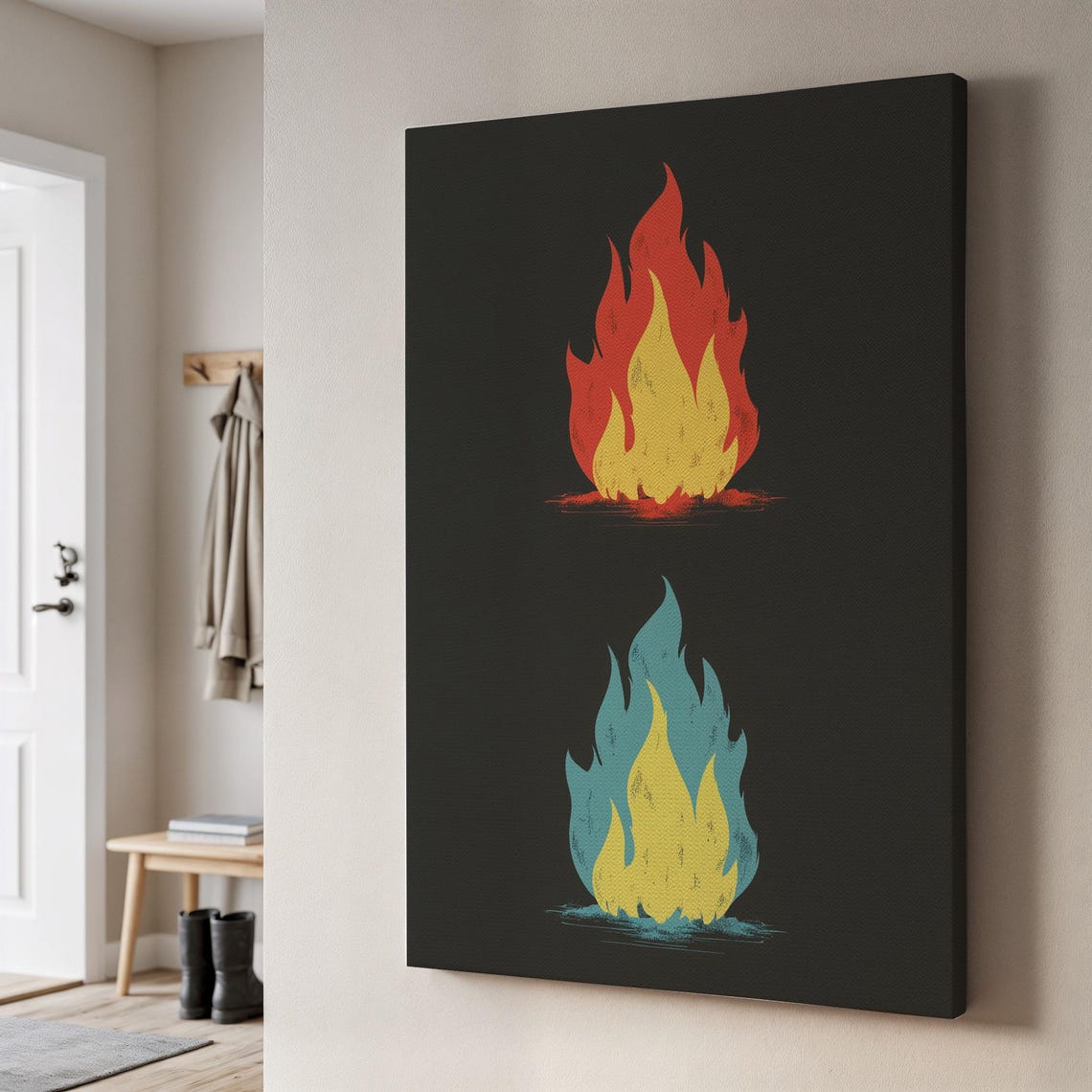 Minimalist Red Blue Flame Duo Abstract Fire Symbols Wall Art