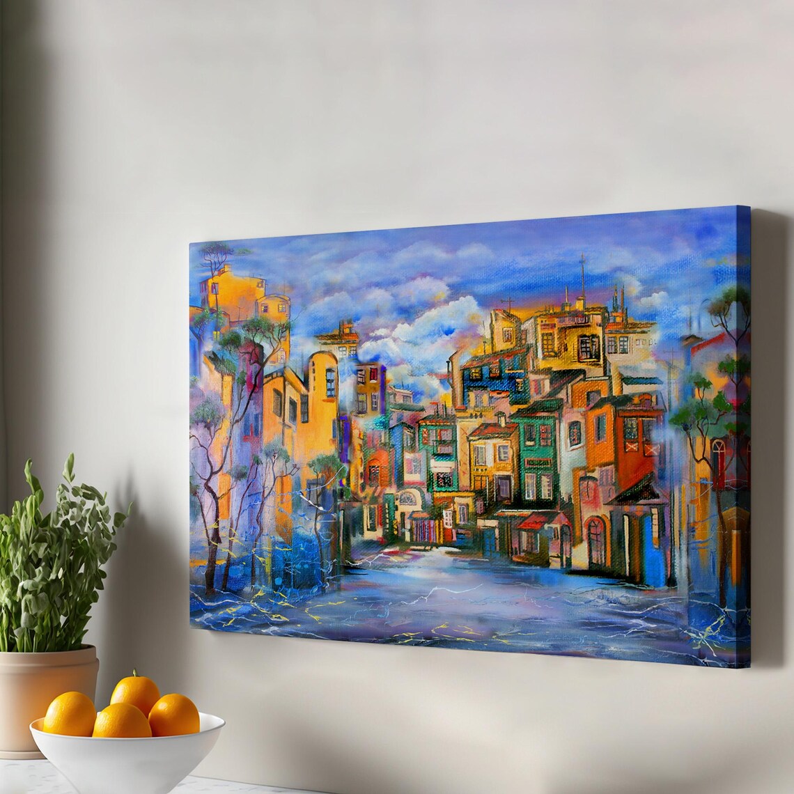Colorful Old Town Cobblestone Street Oil Painting European Charm Poster