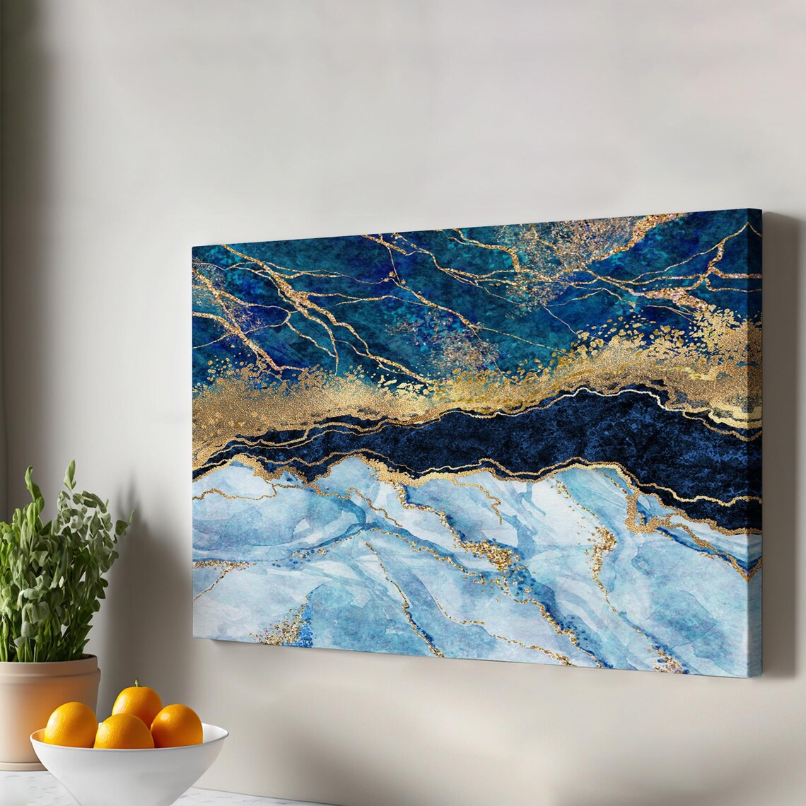 Navy Blue and Gold Marble Effect Abstract Luxury Modern Canvas Wall Art