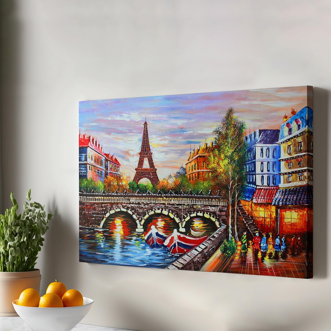 Eiffel Tower Paris Sunset Bridge Oil Painting Style Romance Canvas Poster