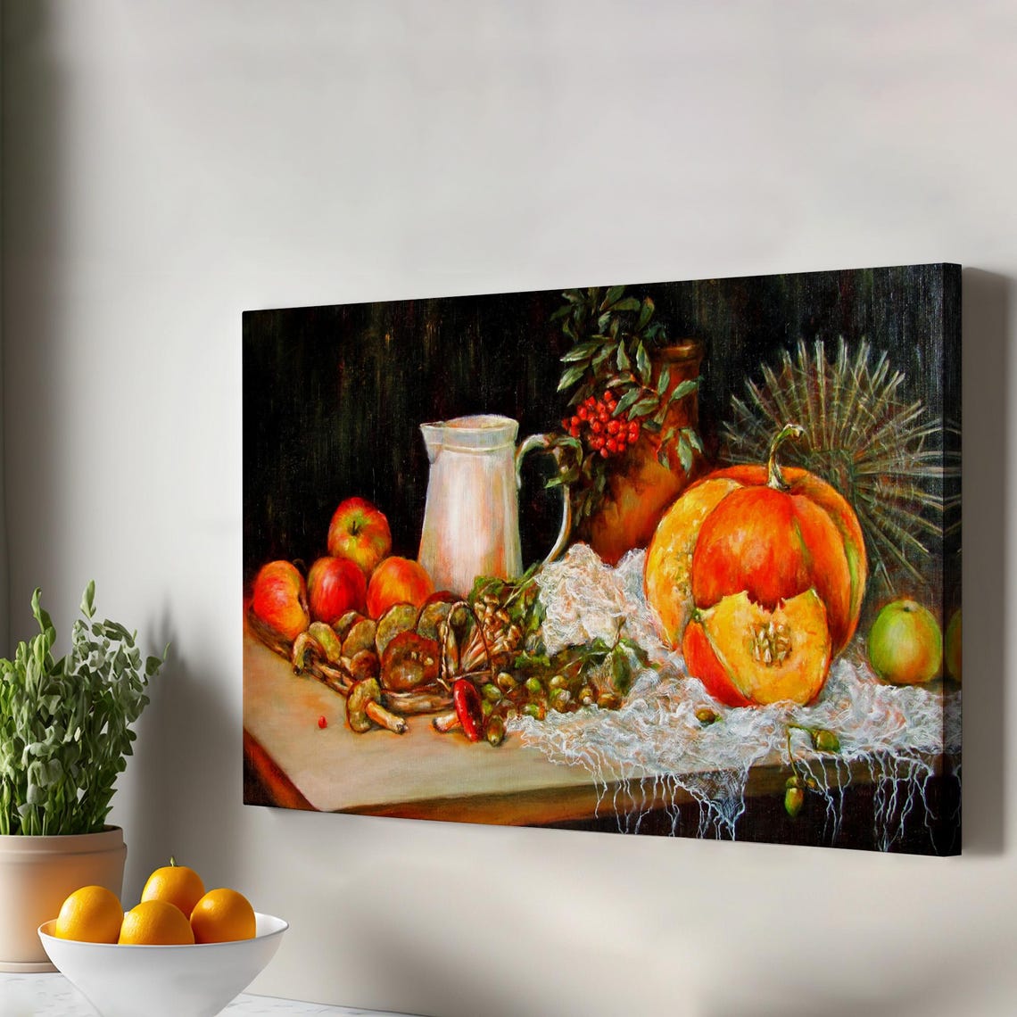 Autumn Fruit Still Life Pumpkin Apples Oil Painting Canvas Poster