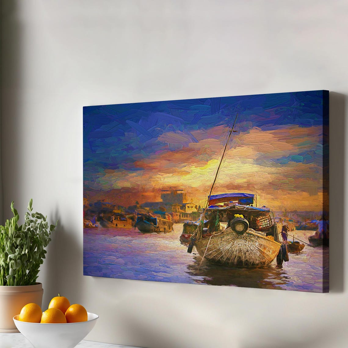 Mekong Floating Market Boat Sunset Impressionist Canvas Poster