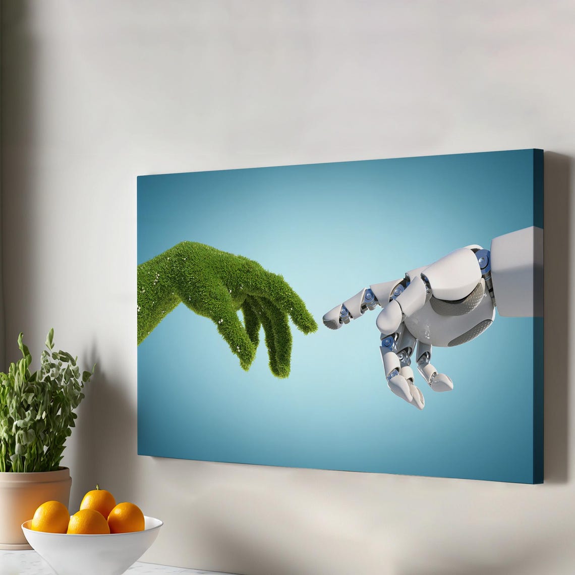 Nature Versus Technology Robot and Grass Hands Creation Canvas Poster