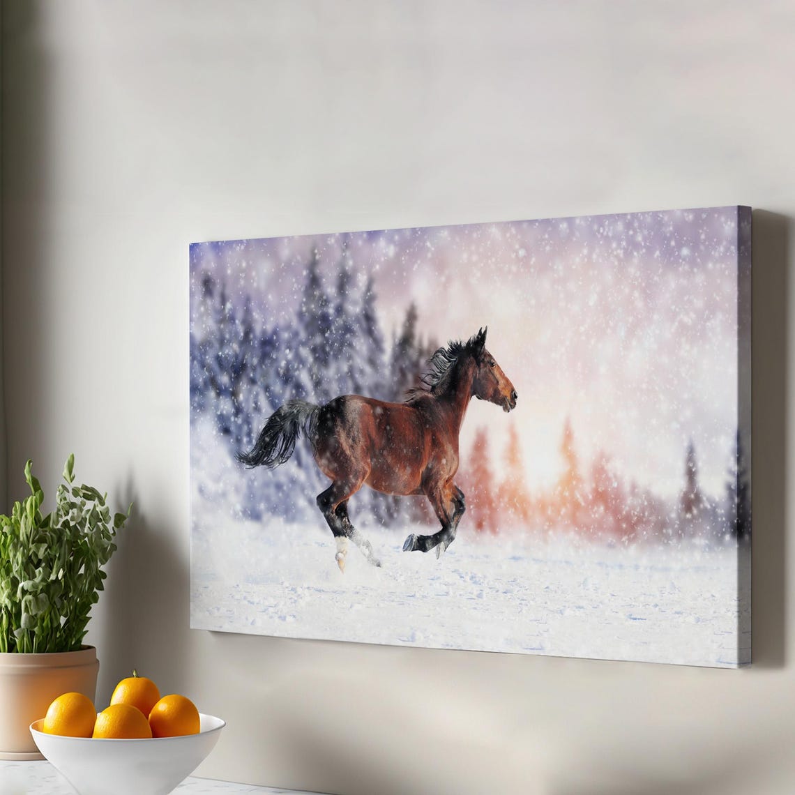 Brown Horse Galloping Through Fresh Snow At Sunset Photo Print