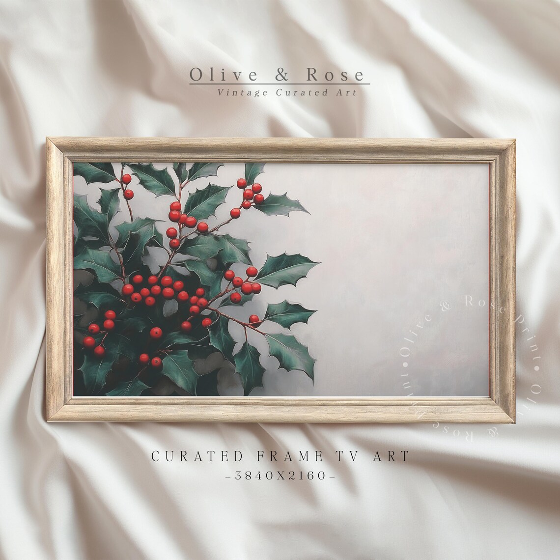Holly Branch With Red Berries Vintage Painting Christmas Art Wall Art