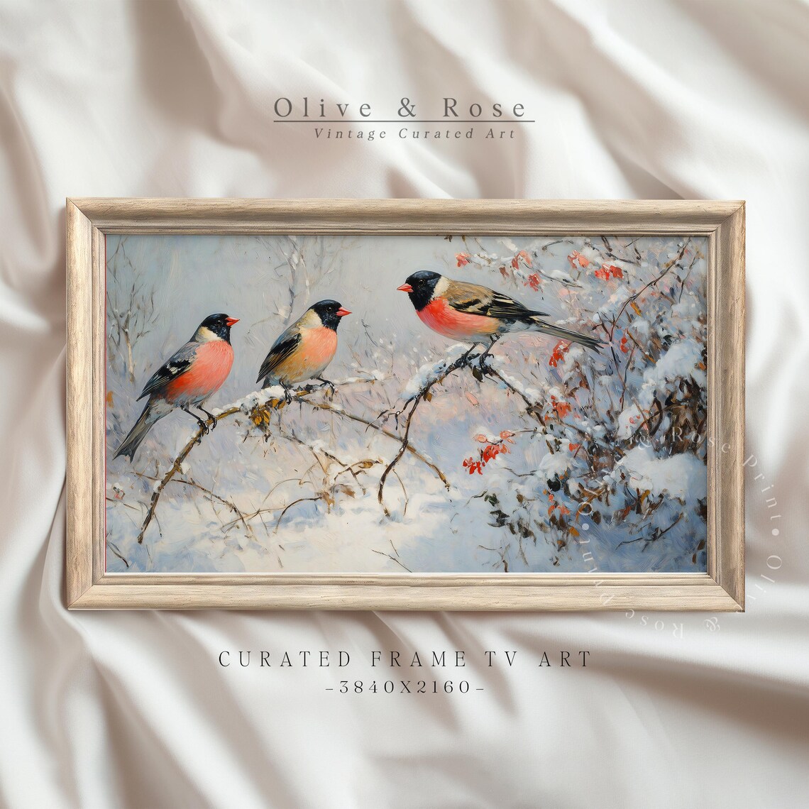 Vintage Bullfinches Snowy Branches Red Berries Winter Bird Art Poster