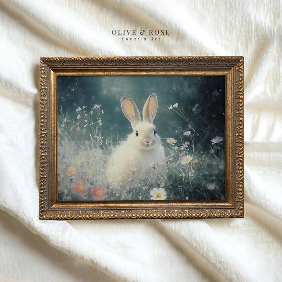 Vintage Easter Bunny In Wildflower Meadow Print Cute Rabbit Painting Art Moody Neutral Spring Decor Sage Green Prints