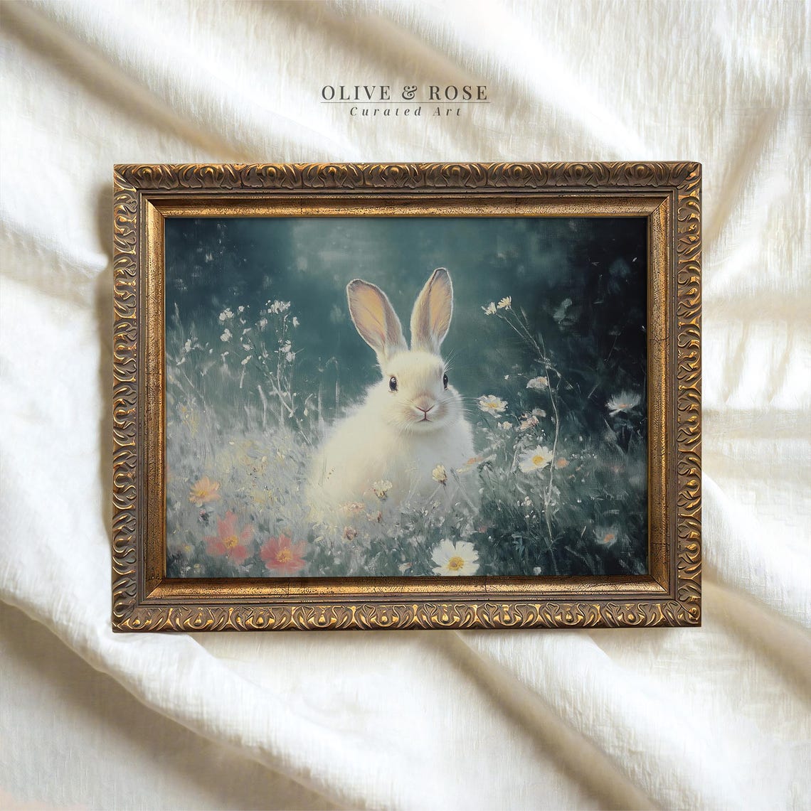 Vintage Easter Bunny In Wildflower Meadow Print Cute Rabbit Painting Art Moody Neutral Spring Decor Sage Green Prints