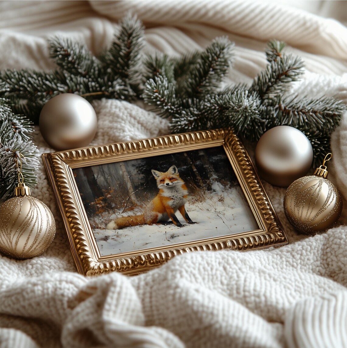 Majestic Red Fox In Snow Vintage Wildlife Oil Painting Rustic Winter Wall Art - Image 2