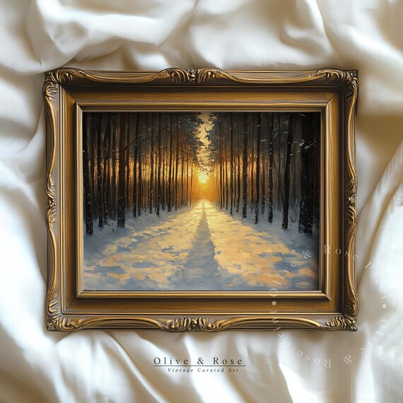Winter Forest Avenue Golden Sunset Snowy Path Moody Oil Painting Poster