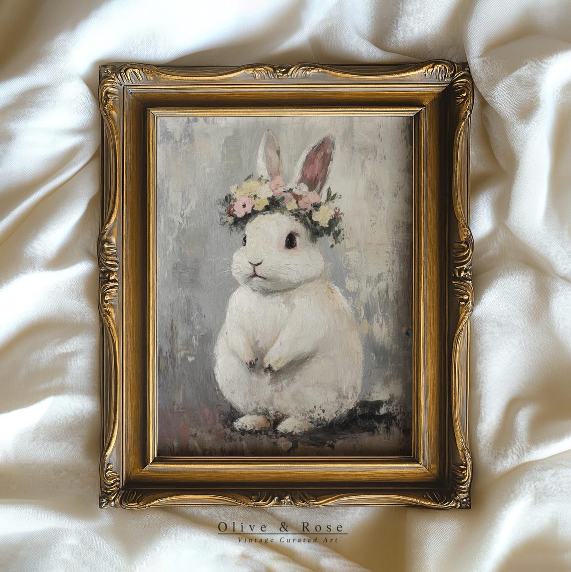 Vintage Cute Easter Bunny Print Floral White Rabbit Painting Wall Art Spring Botanical Nursery Decor Flower Prints - Image 4