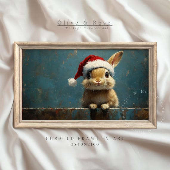 Baby Rabbit In Santa Hat Painting Frame Tv Art Nursery Christmas Decor Vintage Bunny Frame Tv Cute Hare Xmas Screensaver