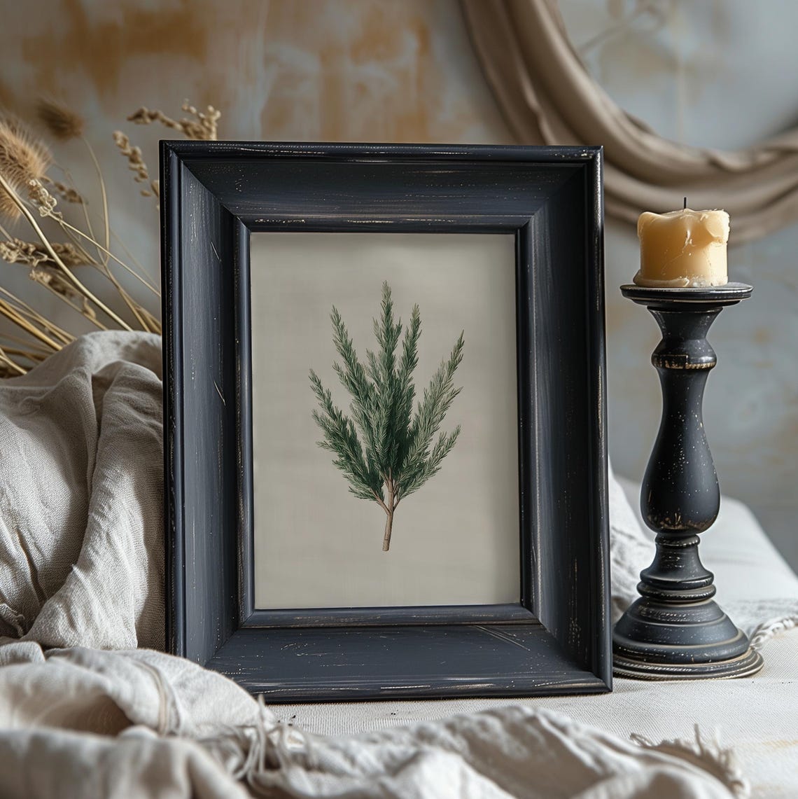 Juniper Evergreen Branch Watercolor Minimal Neutral Botanical Wall Art - Image 2