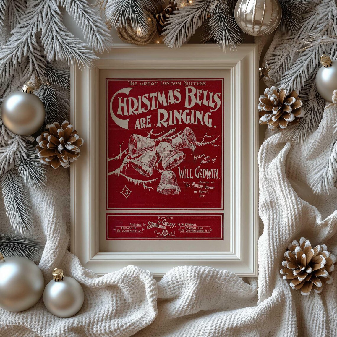 Christmas Bells Are Ringing Antique Sheet Music Cover Red Art Poster - Image 4