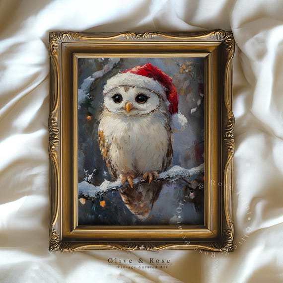 Cute Owl In Santa Clause Hat Painting Xmas Print Vintage Owl Oil Painting Christmas Wall Decor Nursery Wall Art Prints