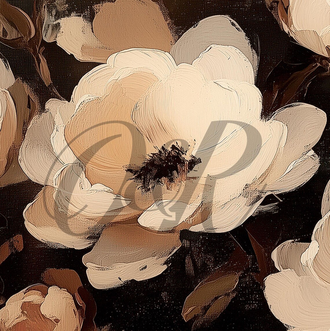 Cream Anemone Flowers Dark Moody Background Vintage Floral Oil Print - Image 5