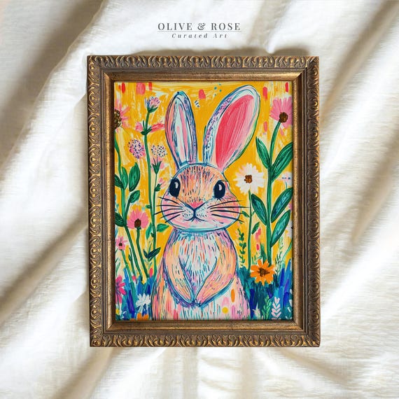 Colorful Easter Bunny Wildflower Meadow Print Cute Vibrant Rabbit Painting Wall Art Spring Kids Room Decor