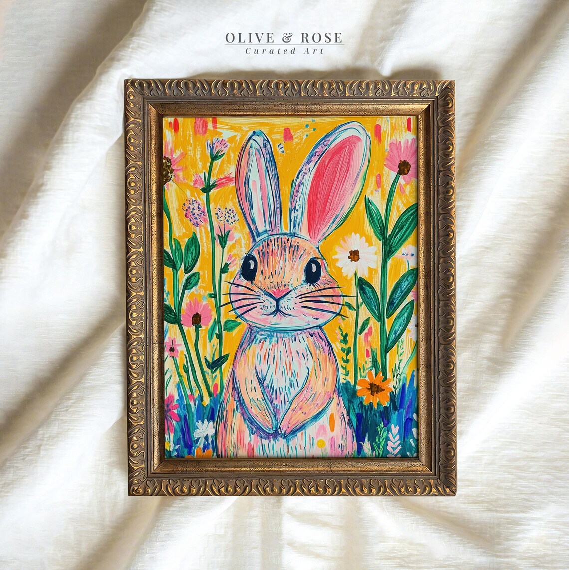 Colorful Whimsical Bunny Yellow Meadow Wildflowers Kids Room Wall Art