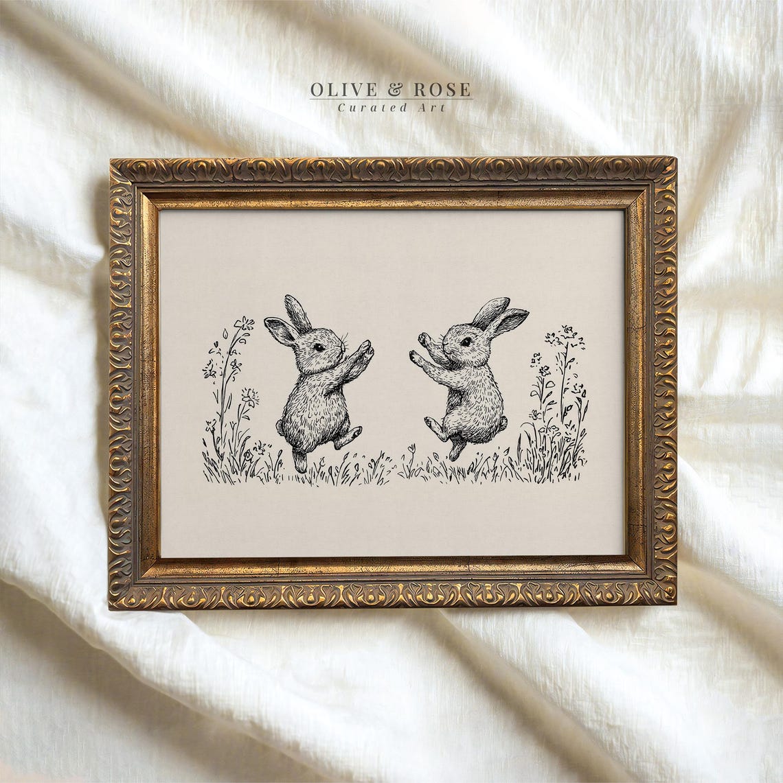 Two Dancing Bunnies Vintage Ink Line Drawing Wildflowers Poster