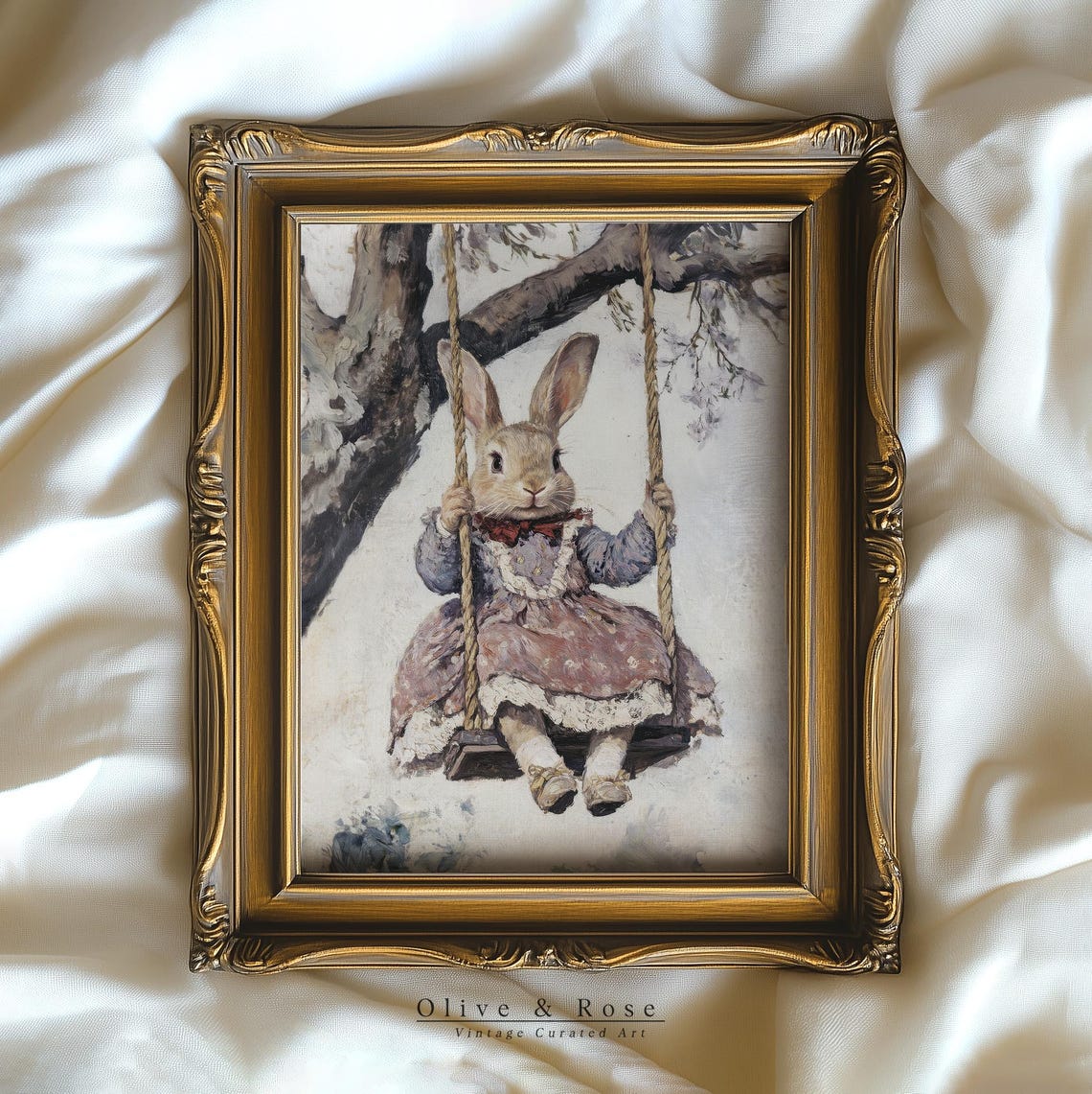 Vintage Easter Bunny On A Swing Print Cute Spring Rabbit Painting Wall Art Bunny In Purple Dress Prints Easter Decor - Image 4