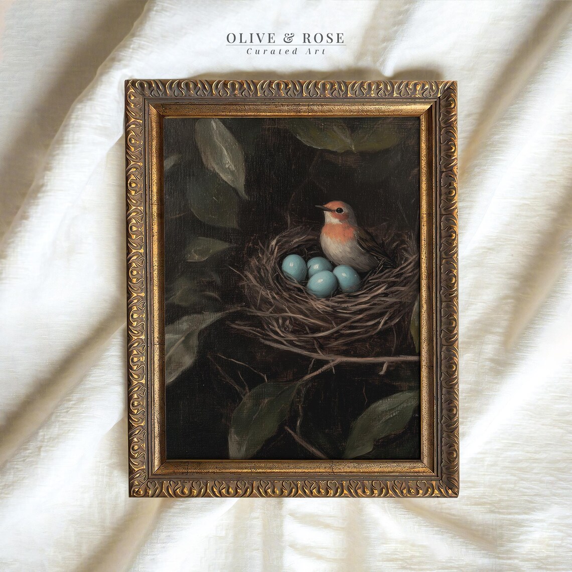 Robin Bird With Blue Eggs In Nest Dark Moody Oil Painting Vintage Poster