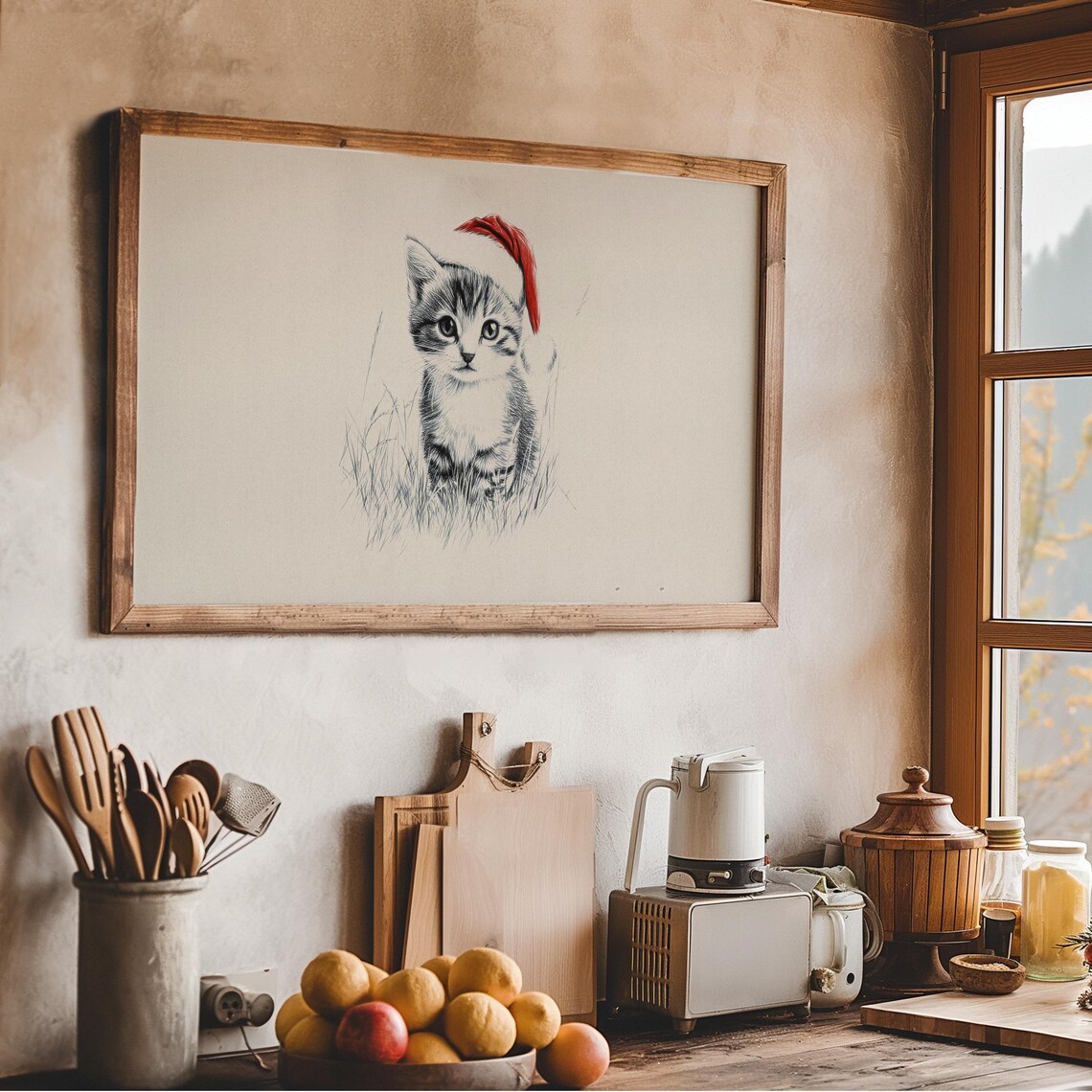 Sweet Kitten In Santa Hat Sketch Neutral Vintage Christmas Wall Art - Image 3