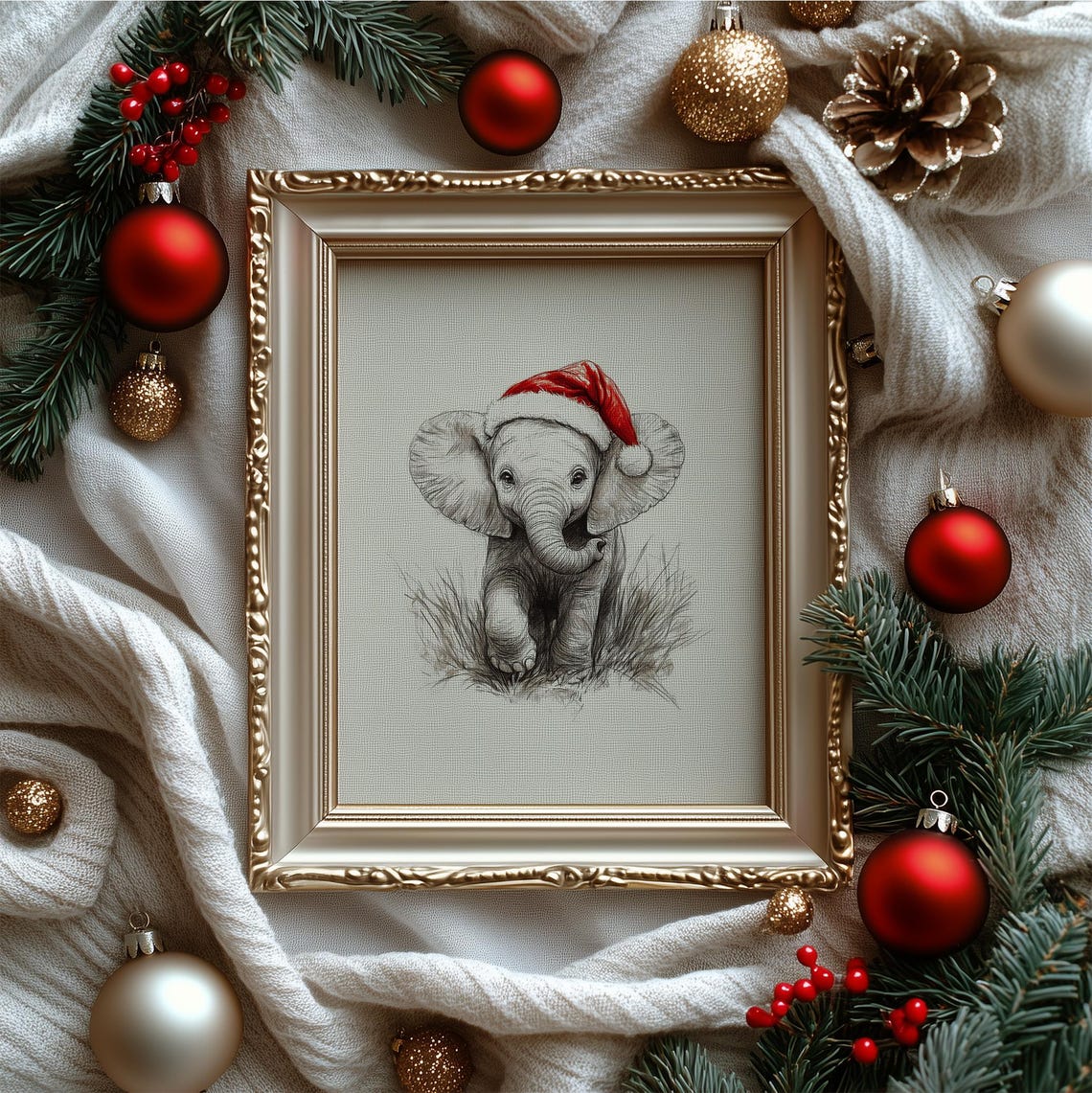 Cute Baby Elephant With Santa Hat Sketch Neutral Christmas Nursery Decor Winter Wall Art Vintage Elephant Drawing Print - Image 4
