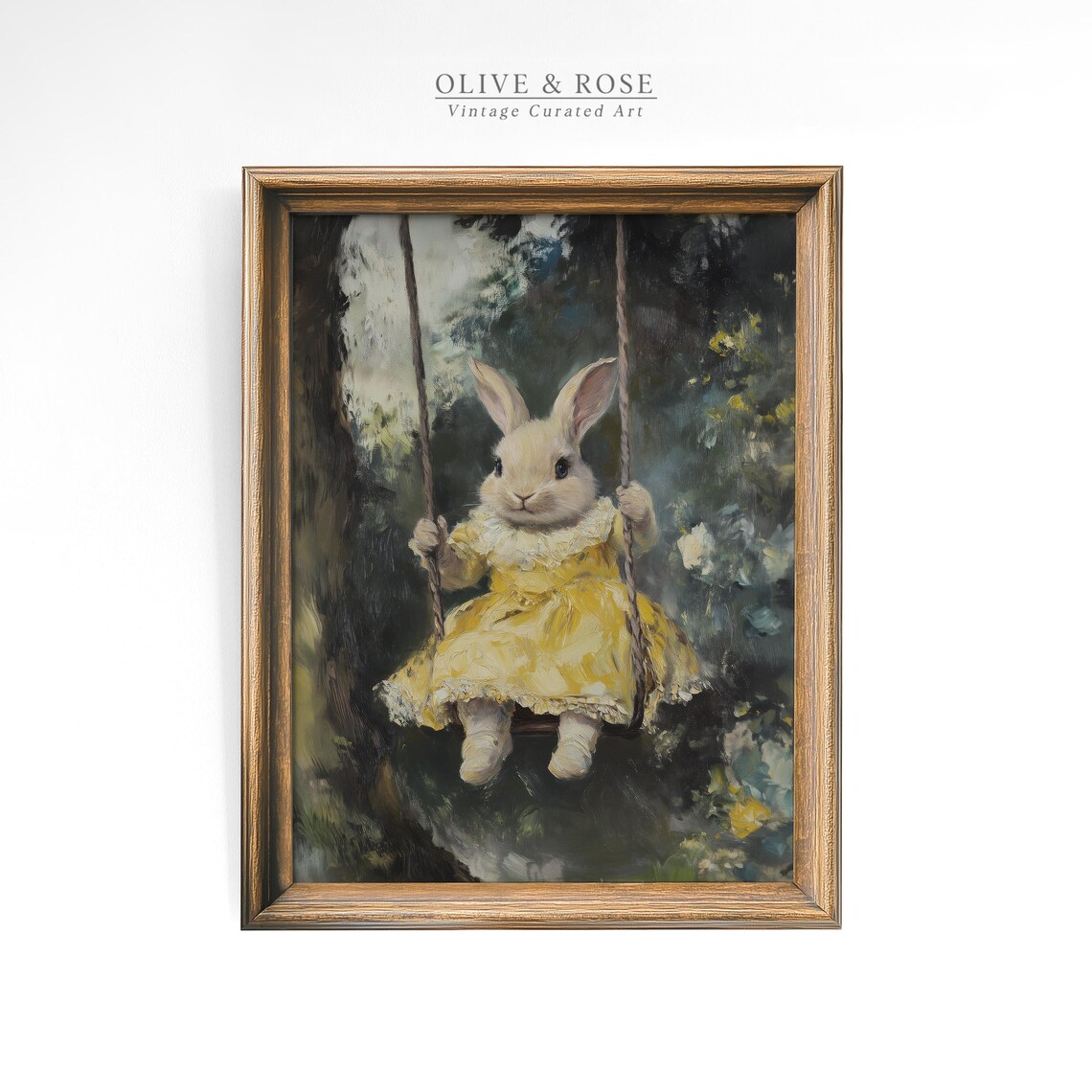 Bunny in Yellow Floral Dress on Tree Swing Moody Forest Wall Art - Image 4