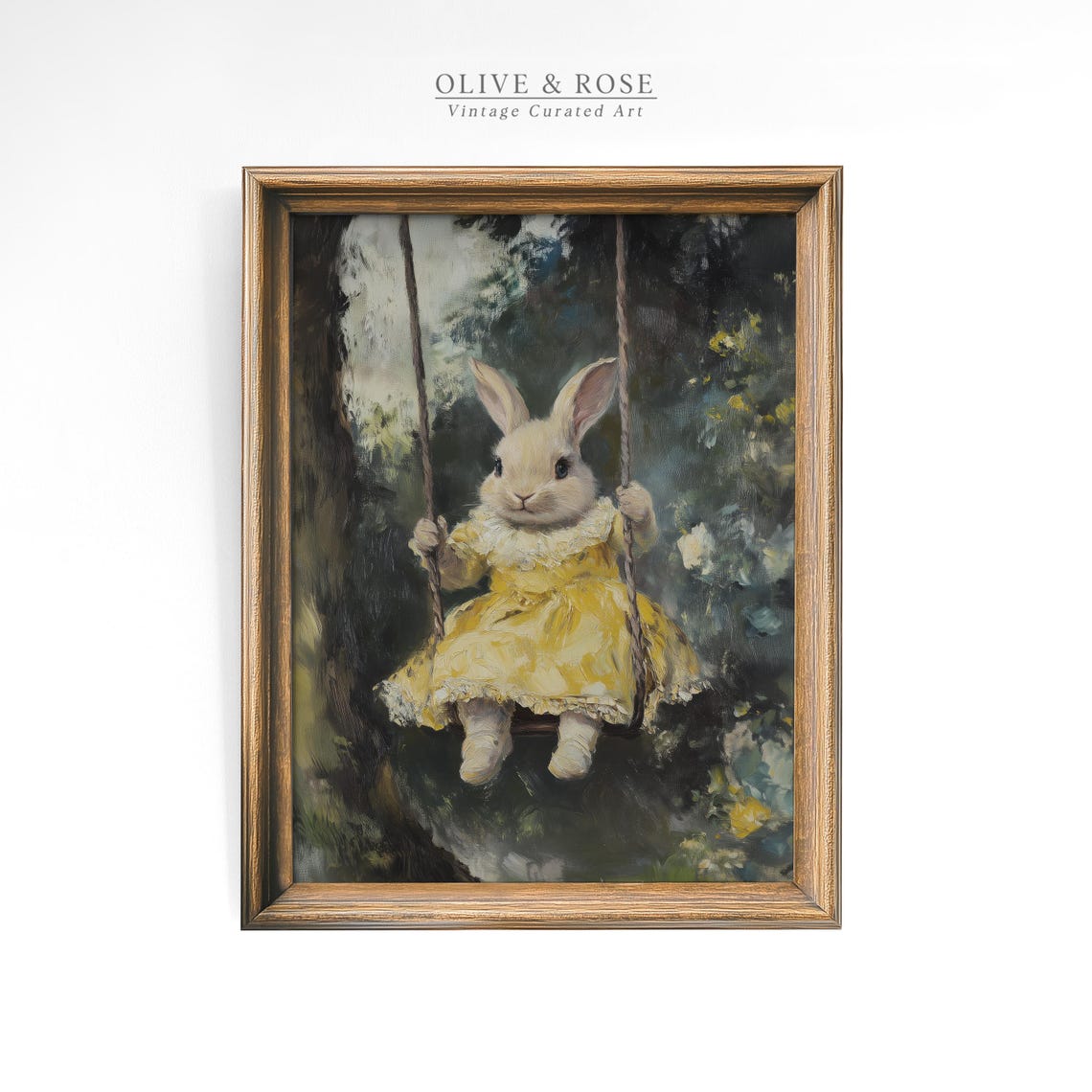 Vintage Easter Bunny On A Swing Print Cute Spring Rabbit Painting Wall Art Bunny In Yellow Dress Prints Easter Decor - Image 4