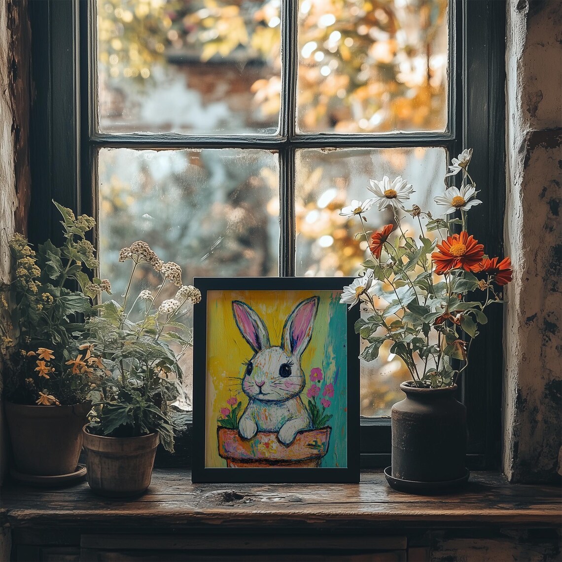 Colorful Bunny in Flower Pot Yellow Teal Background Kids Room Wall Art - Image 4