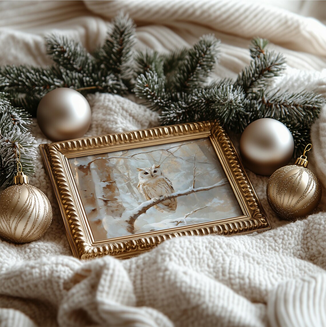 White Owl On Snowy Branch Winter Forest Antique Oil Painting Wall Art Poster - Image 4