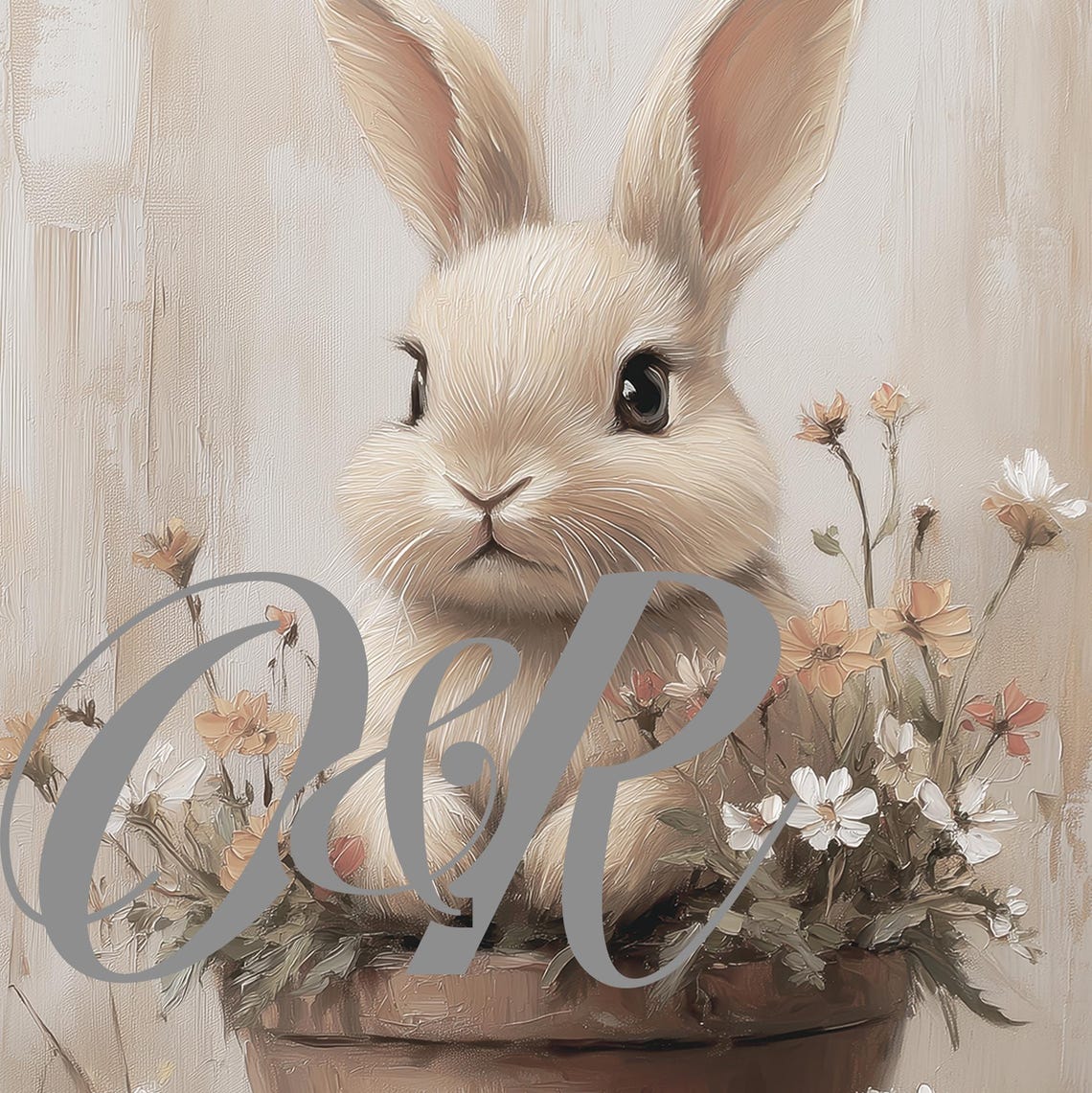 Neutral Bunny in Flower Pot Muted Beige Spring Botanical Wall Art - Image 5