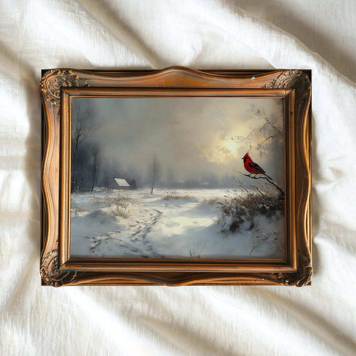 Red Cardinal Snowy Winter Landscape Sunrise Vintage Bird Art Poster - Image 2