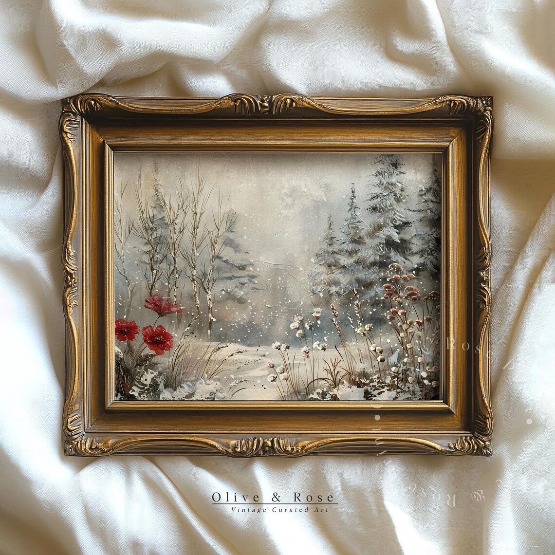 Snowy Winter Forest Red Poppies Falling Snow Rustic Christmas Wall Art