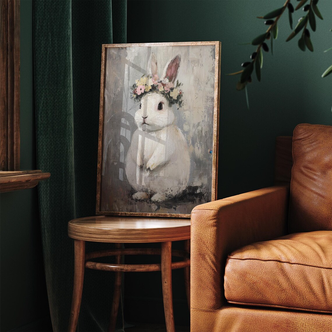 White Bunny Floral Crown Muted Grey Vintage Botanical Nursery Wall Art - Image 2