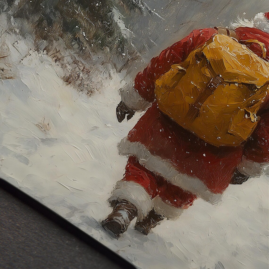 Vintage Santa Snowy Forest Walk Cabin Landscape Christmas Oil Poster - Image 5