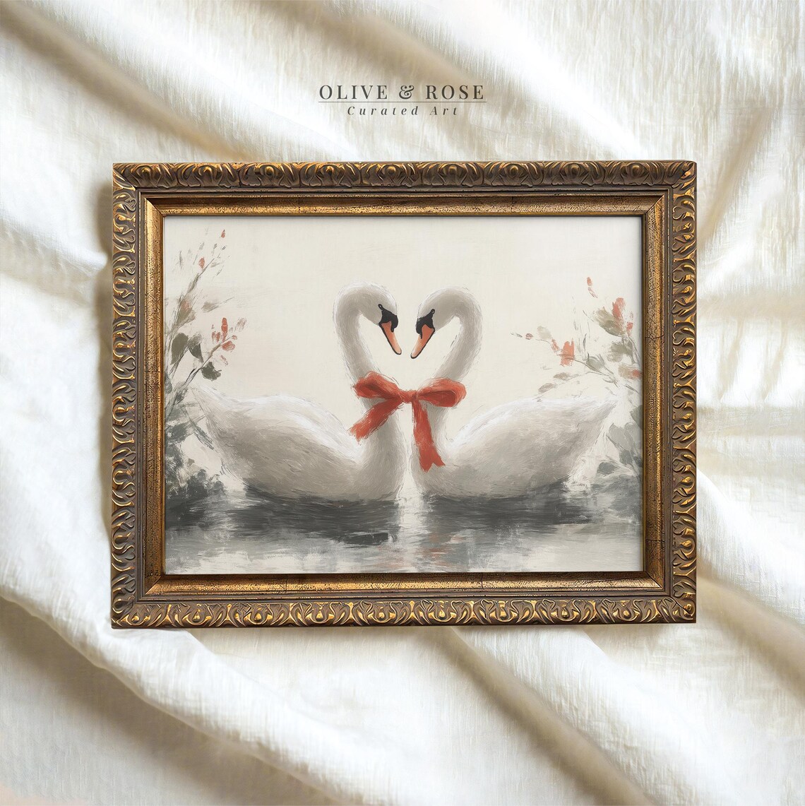 Romantic Swan Pair Heart-Shaped Necks Red Ribbon Moody Lake Wall Art